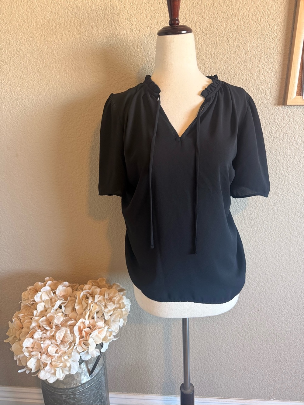 LOFT Black Ruffle Tie-Neck Blouse